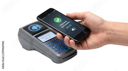 Hand tapping mobile on modern payment terminal isolated on transparent background, NFC payment 