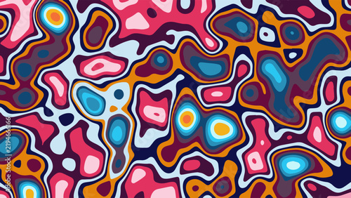 Illustration Vibrant Abstract Seamless Pattern Modern Psychedelic Organic Fluid Shapes Paper Cut Contour Pink Purple Blue Orange Color Pastel Design Vector. Ideal for Wallpapers, Textiles, Fabric 