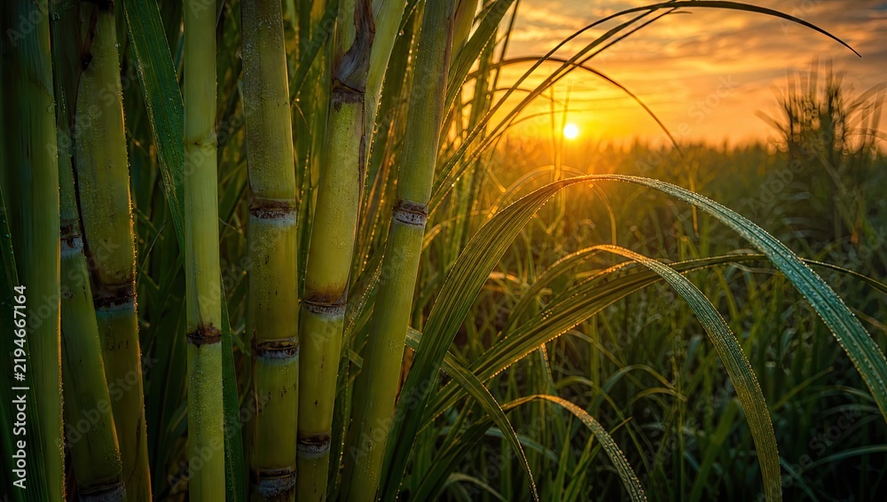 Obraz premium Close-up of tall green sugarcane stalks with leaves in a field at sunrise, showing dew drops and golden light.