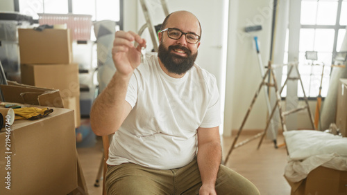 фотографія Man holding key in hand and smiling while seated among moving boxes and a ladder in building; fresh start joy