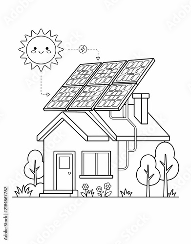 Black and White Solar Panels Coloring Page, Rooftop Solar Energy System Outline Illustration for Sustainable Home, Renewable Energy