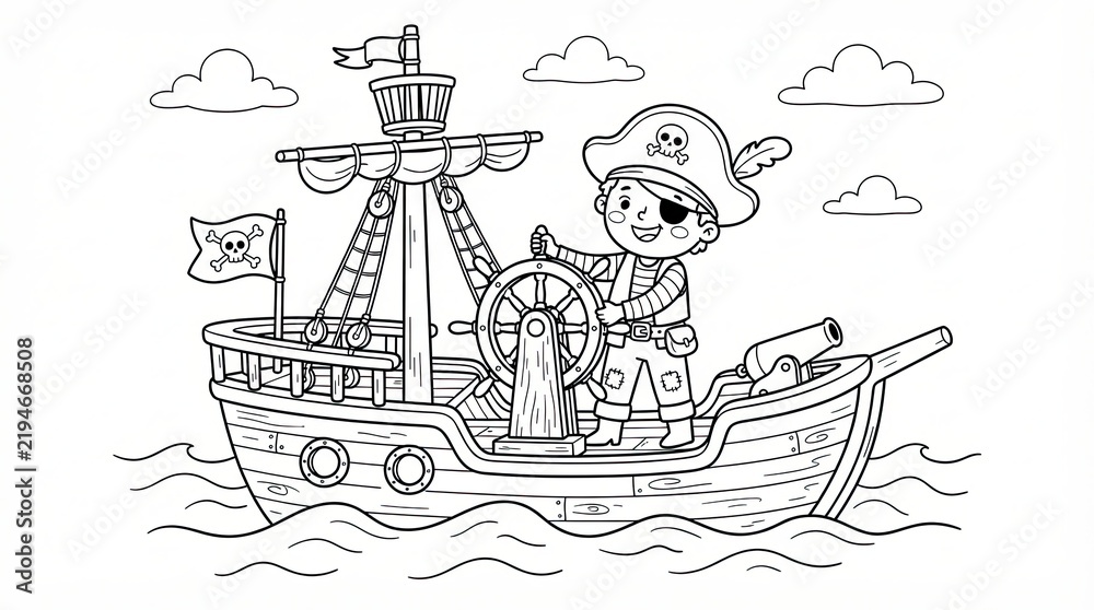 Naklejka premium Cute cartoon pirate boy steering a sailing ship in the ocean for kids coloring page
