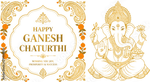 Happy Ganesh Chaturthi golden line art greeting card with ornamental floral frame and Lord Ganesha vector illustration