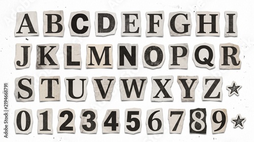 Set of cutout alphabet letters and numbers arranged on a white background in a ransom note style with assortment individual letters