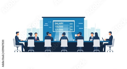 Corporate Business Team Meeting Analyzing Salary Data and Payroll Statistics in Boardroom Flat Illustration