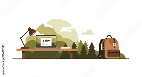 4-Day Work Week Concept Illustration for Remote Work and Digital Nomad Lifestyle in Nature
