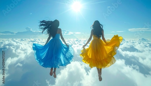 Obraz na płótnie 雲海の上を浮遊するふたりの女性と美しい青空の幻想的な画像