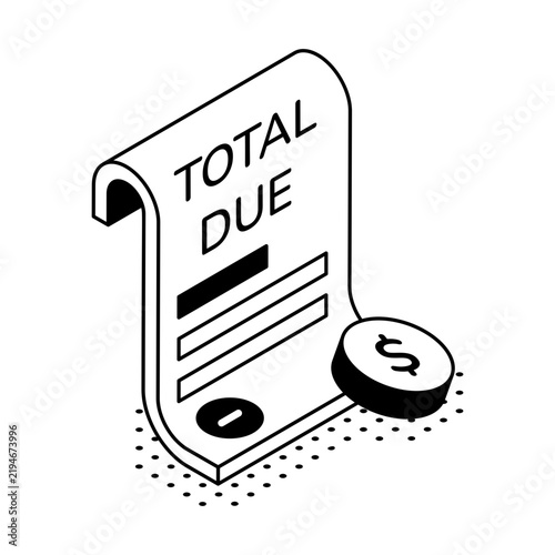 An isometric bill marked total due with coins represents outstanding payments, account balances, repayment amounts, obligations, and billing.