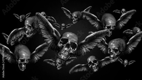 Animated group of skulls with wings flying in puppet stop-motion style. Multiple skulls with outstretched wings in a looping flight formation, rendered with a handmade, tactile aesthetic. 
