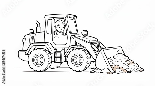 Little boy driving a yellow construction loader truck line art drawing