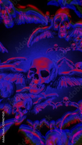 Animated group of skulls with wings flying in puppet stop-motion style. Multiple skulls with outstretched wings in a looping flight formation, rendered with a handmade, tactile aesthetic. 