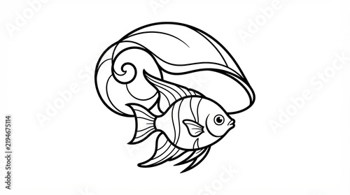 Black and white outline drawing of a tropical angelfish and seashell