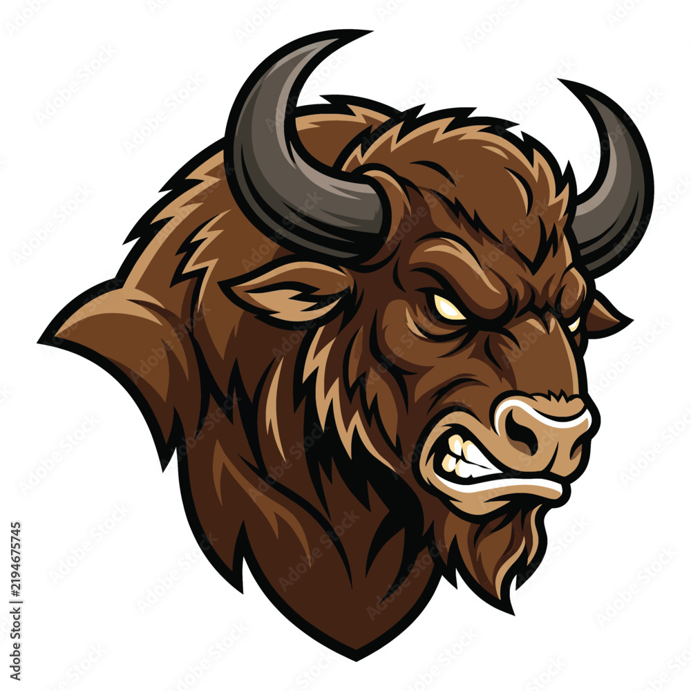 Obraz premium Bold and fierce brown yaki bull head illustration with curved horns for branding and logo designs