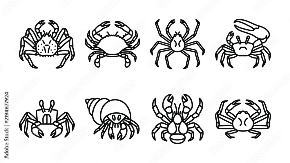 Obraz premium A Set of Crab Illustrations: A collection of various line art drawings depicts different types of crabs and a hermit crab, showcasing their unique characteristics.