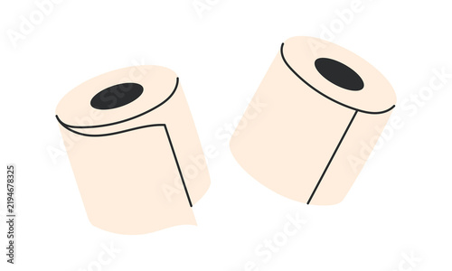 Two rolls of soft toilet paper, one partially unrolled, bathroom hygiene essential for home design. Flat vector illustration