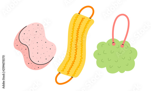 Set of bath sponges and loofah with loop handles, pink yellow and green cleaning tools for spa design. Flat vector illustration