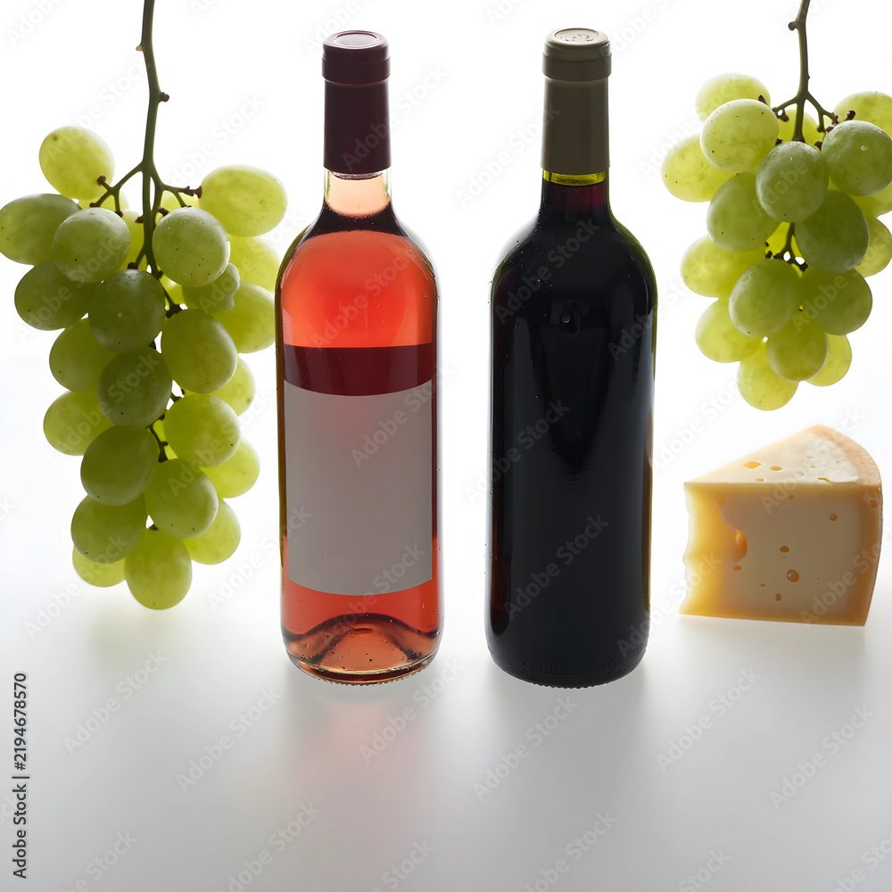Obraz premium Wine tasting and gourmet food pairing, rose and red wine bottles with fresh green grapes and cheese wedge for luxury dining and hospitality marketing