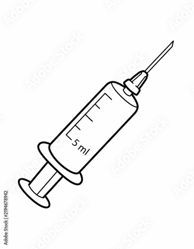 Black and White Syringe Coloring Page, Medical Injection Tool Outline Illustration for Healthcare, Education and Printable Coloring Book