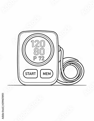 Black and White Blood Pressure Monitor Coloring Page, Digital Medical Device Outline Illustration for Healthcare, Heart Health, Diagnosis and Education