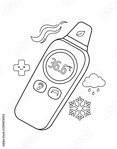 Black and White Digital Thermometer Coloring Page, Electric Temperature Measuring Device Outline Illustration for Healthcare, Fever Monitoring and Education