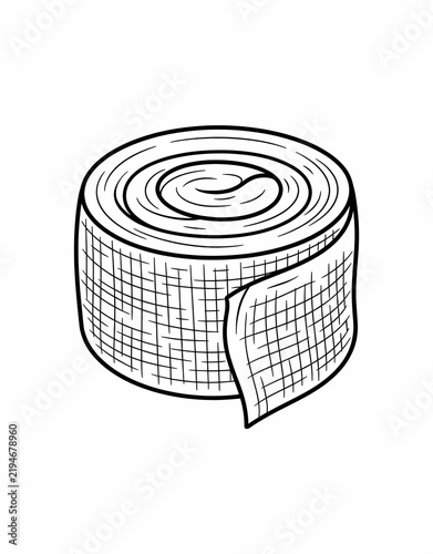 Black and White Medical Bandage Coloring Page, Elastic Bandage Roll Outline Illustration for First Aid, Healthcare, Wound Care and Printable Coloring Book