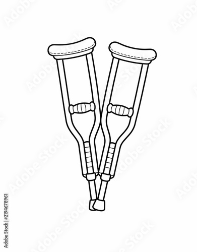 Black and White Medical Crutches Coloring Page, Mobility Aid and Assistive Equipment Outline Illustration for Healthcare, Accessibility and Education