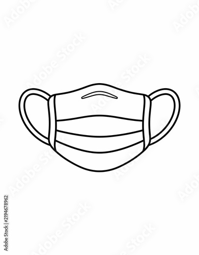 Black and White Medical Face Mask Coloring Page, Protective Surgical Mask Outline Illustration Isolated on White Background
