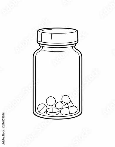 Black and White Pill Bottle Coloring Page, Medicine Container with Tablets Outline Illustration for Healthcare, Pharmacy, Medical Education and Printable Coloring Book