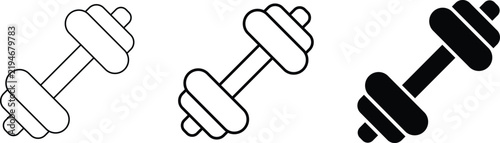 Dumbbell gym fitness vector icon set. Bodybuilding equipment and weightlifting strength training symbol. Diagonal dumbbells in thin outline, bold stroke, and solid black