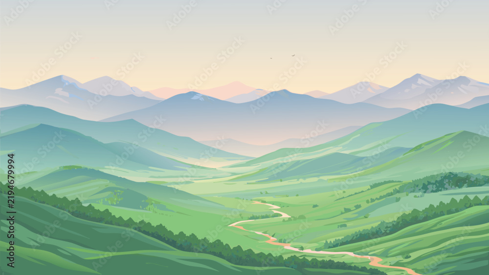 Fototapeta premium Vibrant vector landscape of rolling green hills, a winding valley river, and distant snow-capped mountains under a soft pastel dawn sky.
