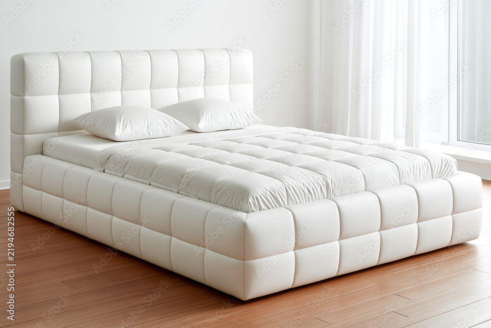 Obraz premium Modern luxury white upholstered bed with square tufted headboard in bedroom