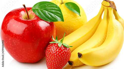 Fresh red ripe strawberry yellow bananas arrangement with fruit variety