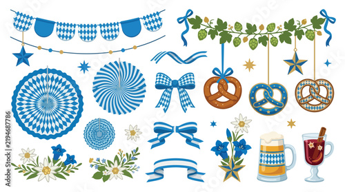 German festival party decoration set with blue and white bunting, pretzels, beer, and flowers