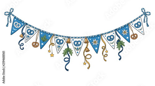 Festive blue and white pennant banner bunting with pretzel and flower illustrations for celebration