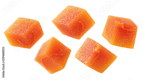 Canvastavla Five bright orange carrot cubes precisely cut and textured, isolated on transpar