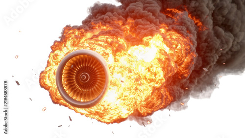 Fotografie Jet engine turbine engulfed in a massive fiery explosion, isolated on transparen
