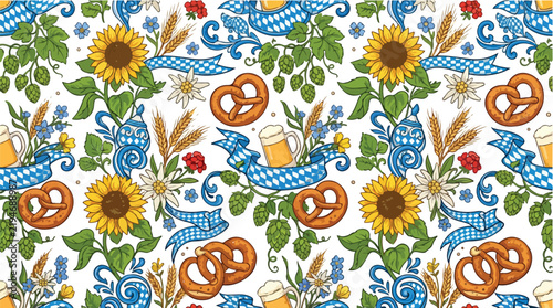 Seamless pattern with Bavarian festival elements like pretzels, beer mugs, sunflowers and wheat