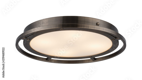 Antique bronze flush mount ceiling light with frosted glass diffuser, isolated on transparent background