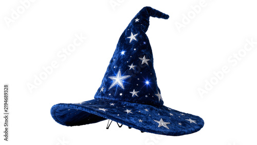Fotografie Deep blue velvet wizard hat with silver stars, isolated on transparent backgroun