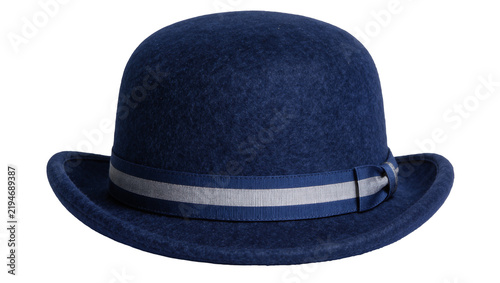 Obraz na plátně Dark blue felt bowler hat with grey and blue ribbon band, isolated on transparen