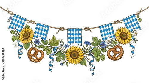 Festive garland banner with blue diamond pattern flags sunflowers pretzels and hops illustration