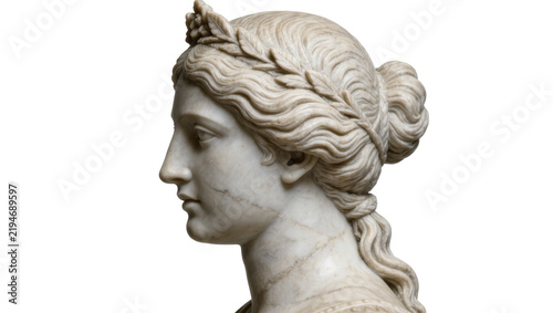 Bild auf Leinwand Marble bust of a woman wearing a laurel wreath, isolated on transparent backgrou