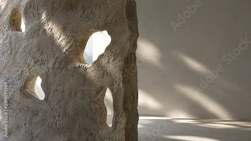 Organic stone sculpture with natural holes, abstract limestone rock formation in minimalist interior, wabi-sabi aesthetic with soft sunlight and shadows
