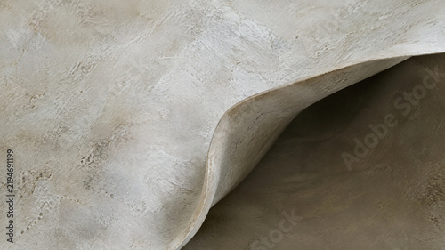 Rustic textured plaster wall background, beige stone surface with curved edge, neutral cement concrete backdrop for product photography