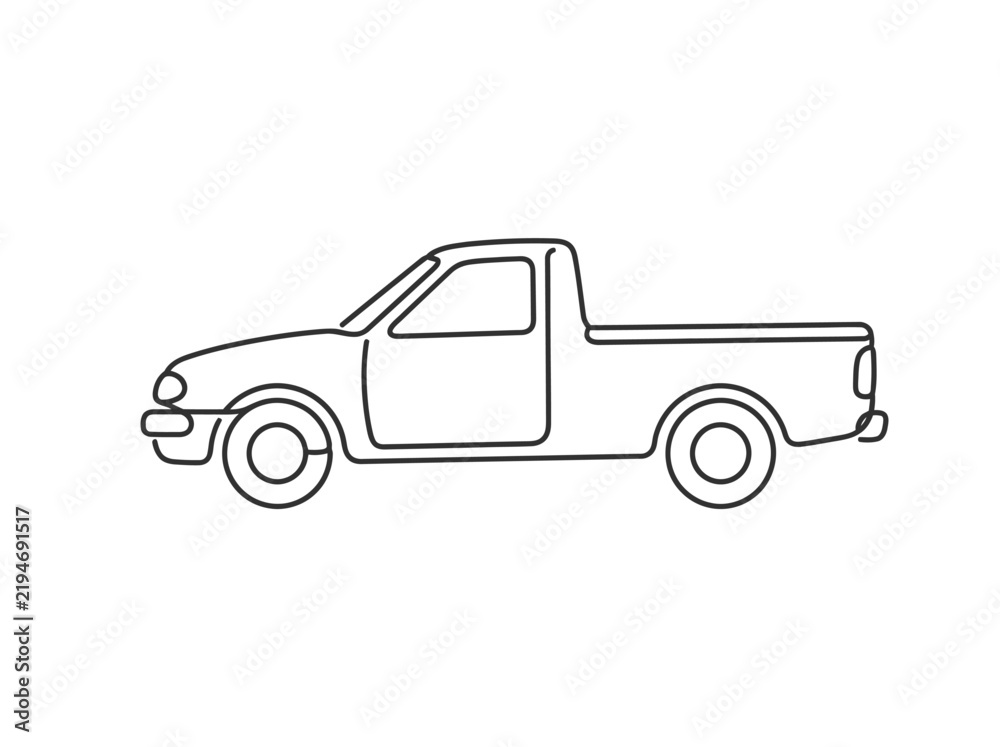 Fototapeta premium Pickup truck drawn in a minimalist single continuous line art style isolated against a clean white background.