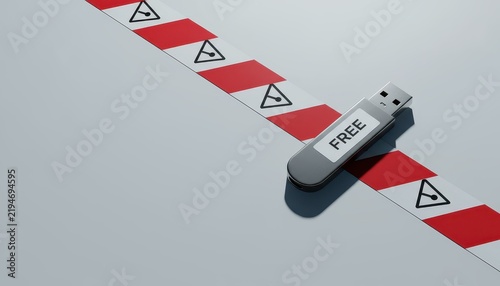 Free USB drive cybersecurity risk concept with warning tape, malware threat and removable media security