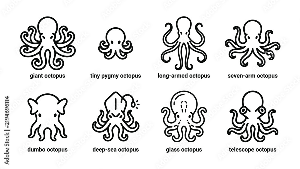 Fototapeta premium Collection of Octopus Icons: A graphic illustration showcasing eight distinct styles of octopus icons, each with unique characteristics, presented as a visual glossary.