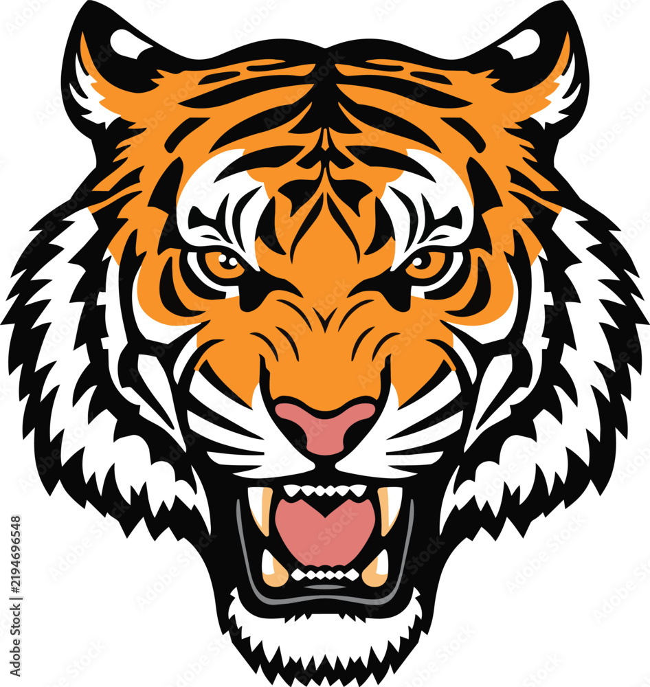 Fototapeta premium Saber Tiger Head Vector, Saber ancient wild cat mascot logo, Tiger animal head vector illustration, Prehistoric beast crest, Sport gaming team emblem