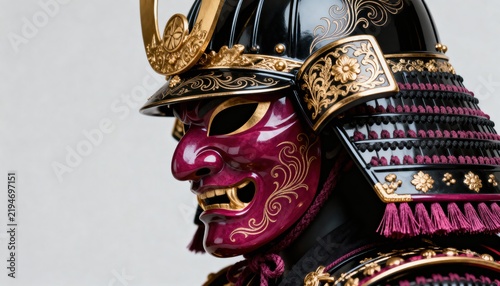 Ornate Japanese samurai helmet with red menpo mask and gold details, traditional warrior armor concept