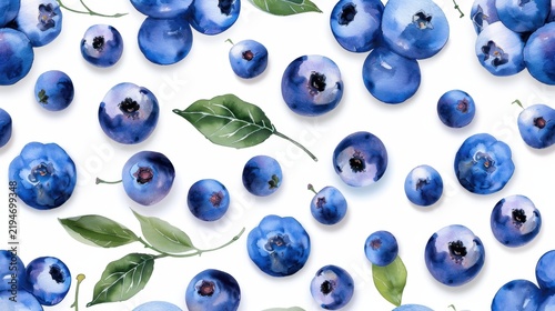 Hand-painted Watercolor Blueberries with Leaves on White Background for Fresh Fruit Design and Culinary Use